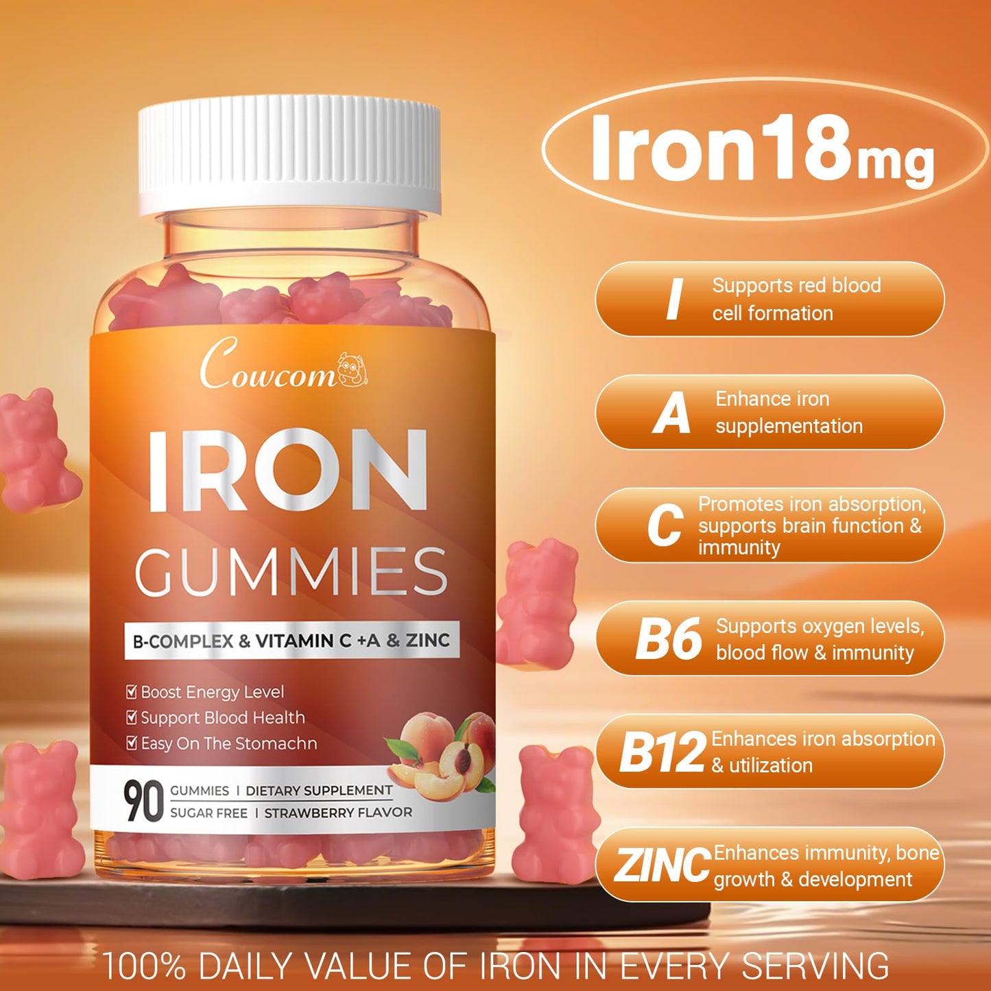 Iron Gummies with Vitamins C, A, B6, B12, Folate & Zinc - Peach Vegan Chewables (90 Count)