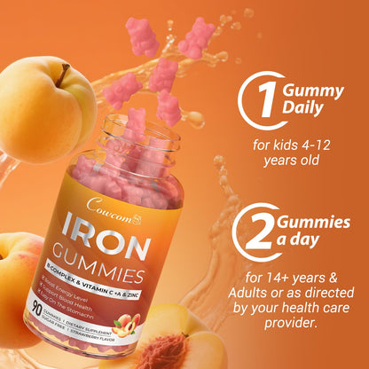 Iron Gummies with Vitamins C, A, B6, B12, Folate & Zinc - Peach Vegan Chewables (90 Count)