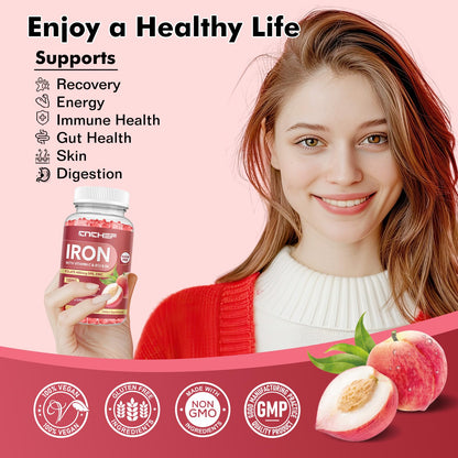 Iron Gummies for Women & Men – Peach Flavor, Vegan, 60 Gummies