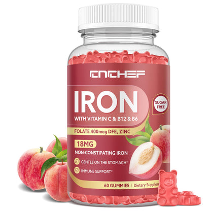 Iron Gummies for Women & Men – Peach Flavor, Vegan, 60 Gummies