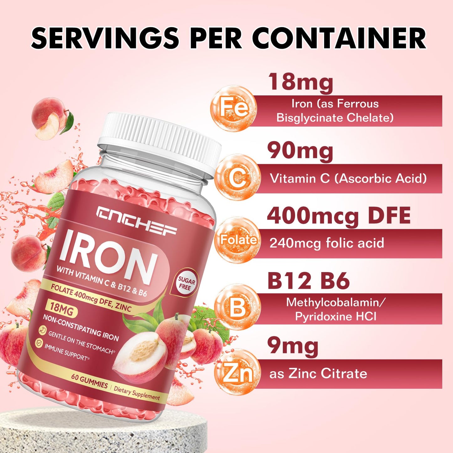 Iron Gummies for Women & Men – Peach Flavor, Vegan, 60 Gummies