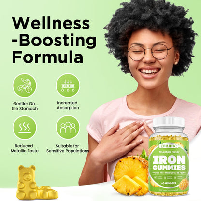 Iron Gummies for Adults & Kids – Vegan Iron Supplement with B6, B12, C, Zinc, Folate | Pineapple 60ct
