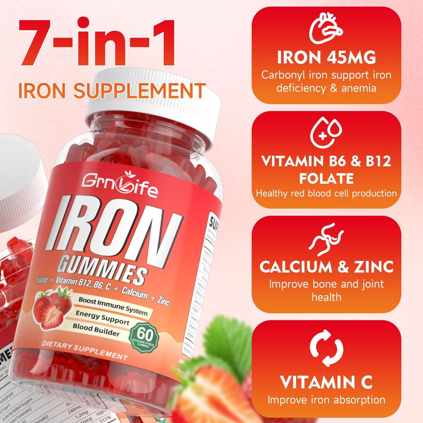 Iron Gummies Sugar Free – For Women, Men & Kids | 120 Count