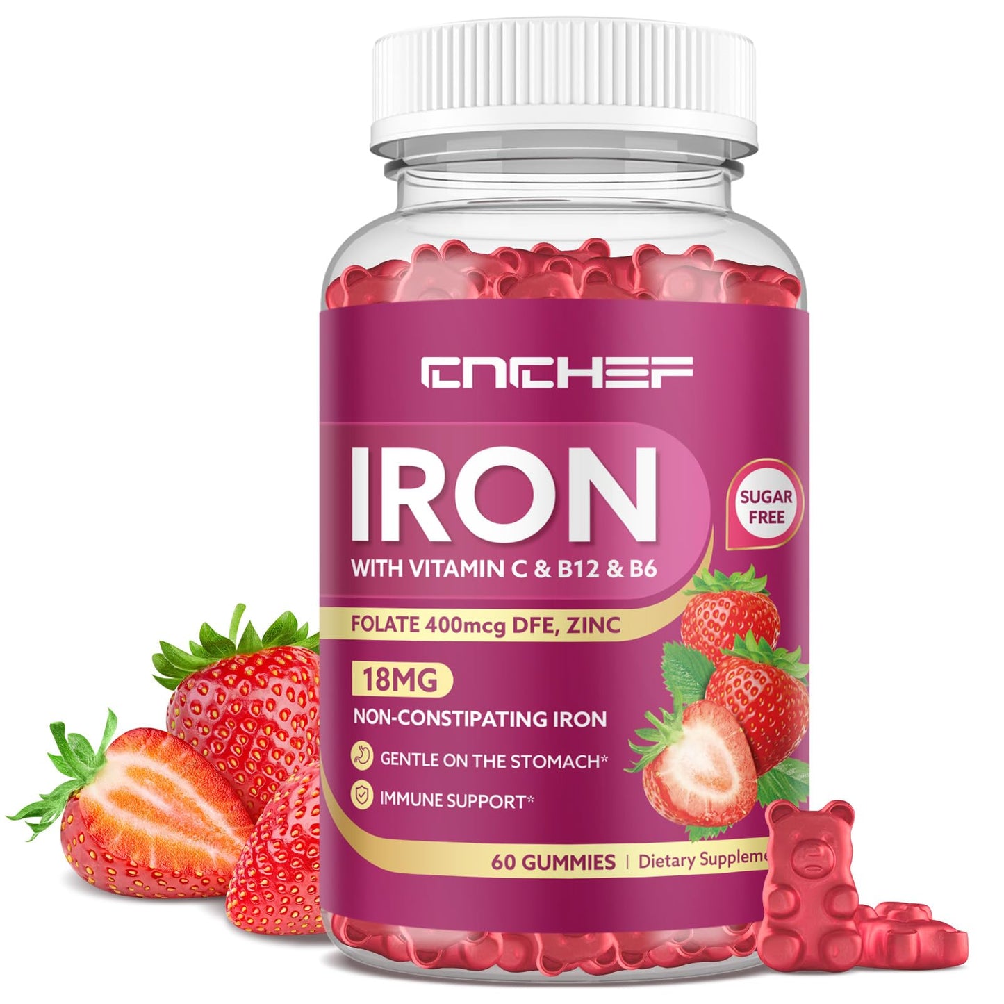 Iron Gummies for Women & Men – Vegan Iron Supplement (Strawberry) 60 Gummies