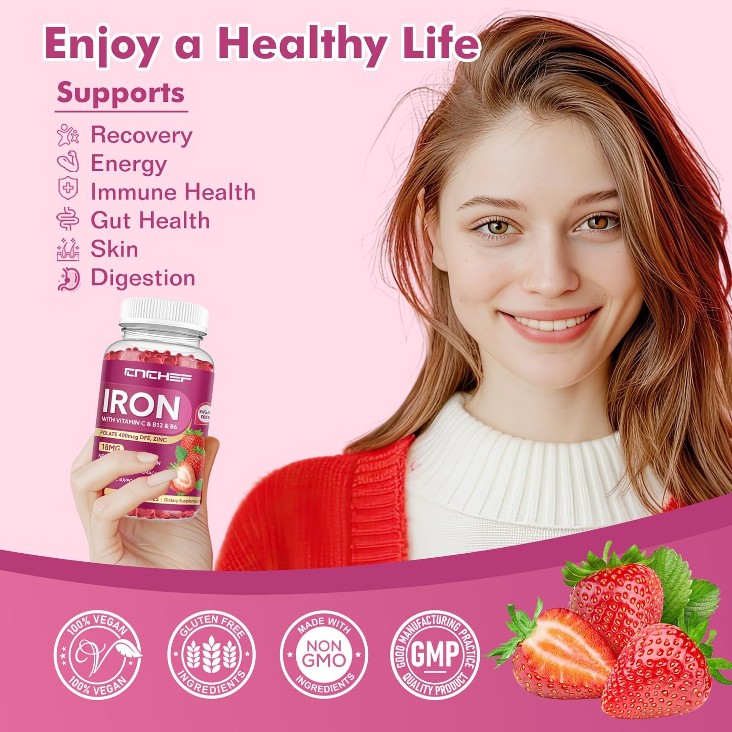Iron Gummies for Women & Men – Vegan Iron Supplement (Strawberry) 60 Gummies