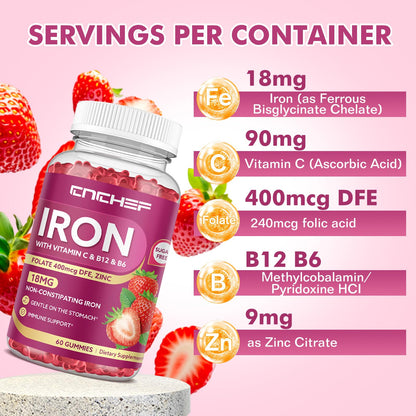Iron Gummies for Women & Men – Vegan Iron Supplement (Strawberry) 60 Gummies