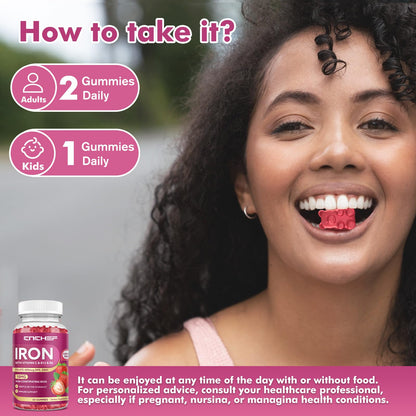 Iron Gummies for Women & Men – Vegan Iron Supplement (Strawberry) 60 Gummies