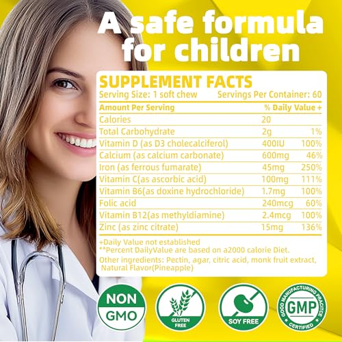 Iron Soft Chew with Vitamin C - Pineapple Flavor | Gluten Free | 60 Count | 2 Month Supply