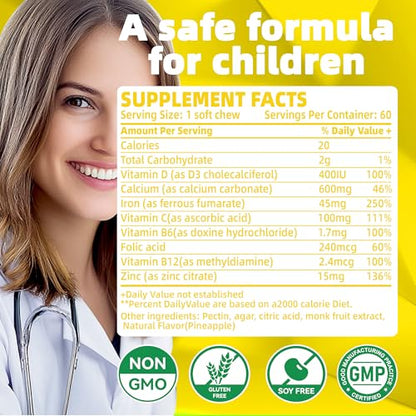 Iron Soft Chew with Vitamin C - Pineapple Flavor | Gluten Free | 60 Count | 2 Month Supply