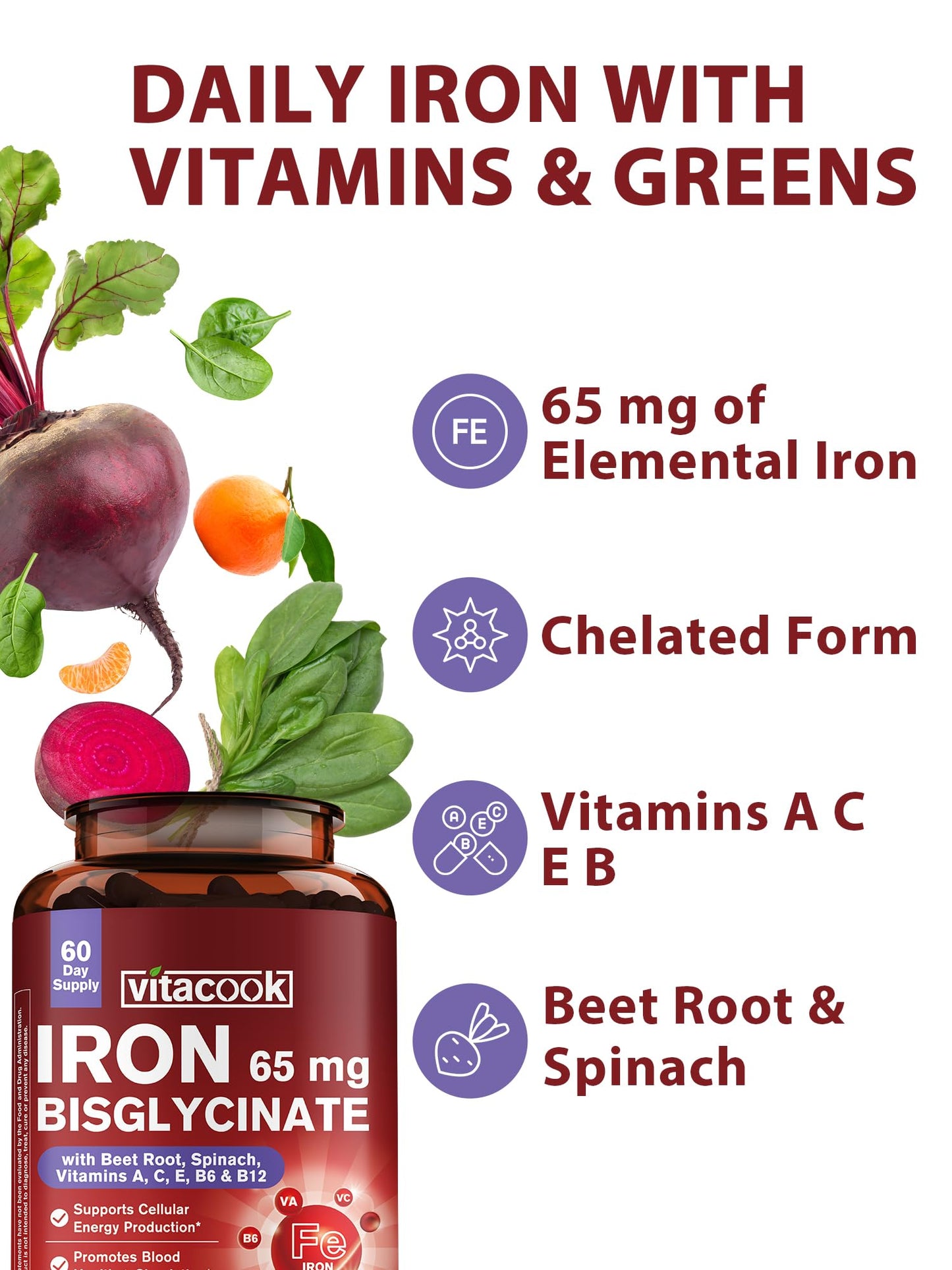 65mg Ferrous Bisglycinate Iron Supplement – Slow Release (60 Caps)