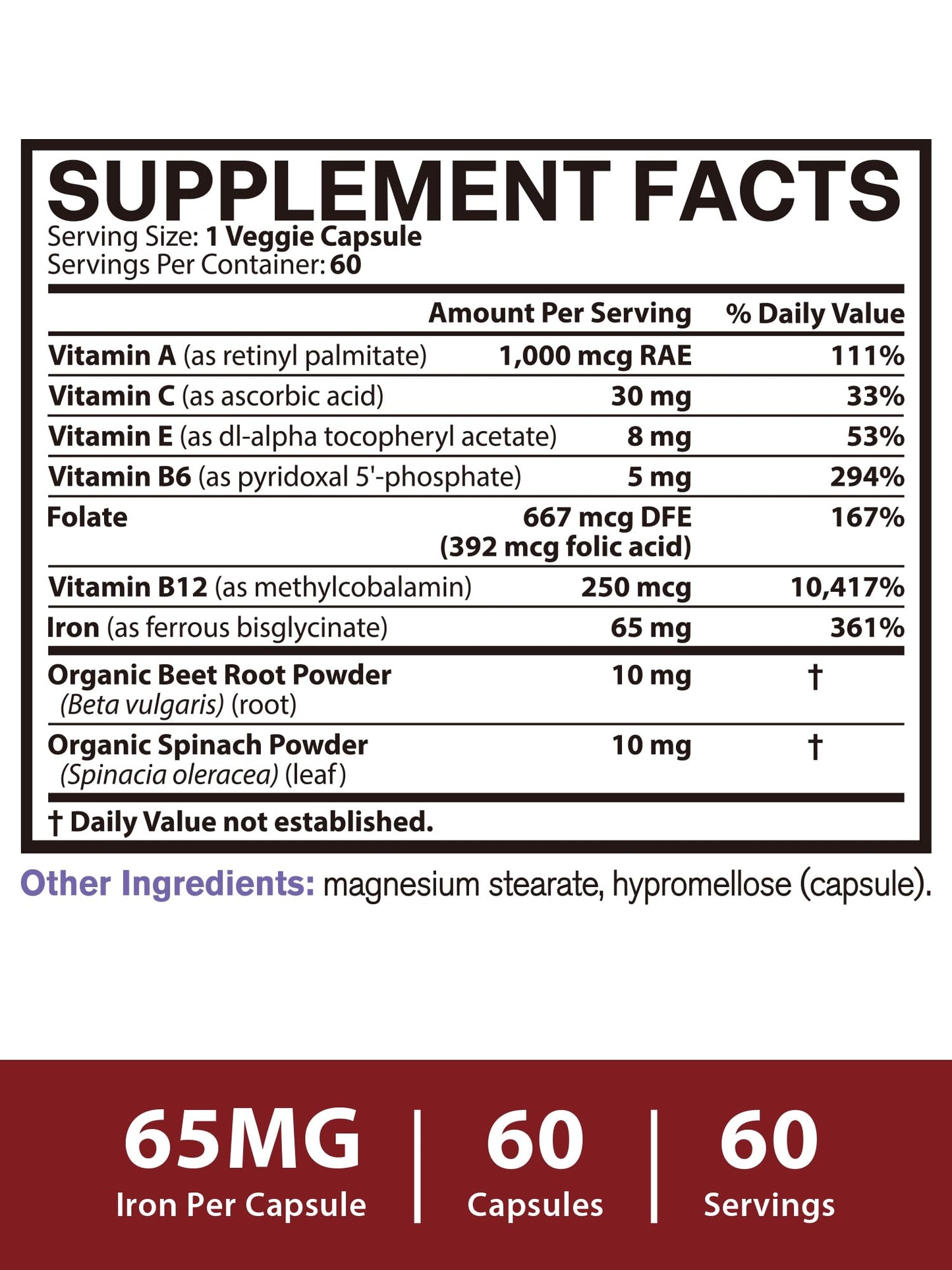 65mg Ferrous Bisglycinate Iron Supplement – Slow Release (60 Caps)