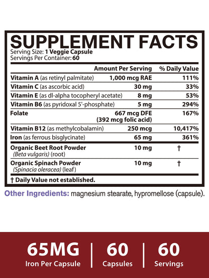 65mg Ferrous Bisglycinate Iron Supplement – Slow Release (60 Caps)