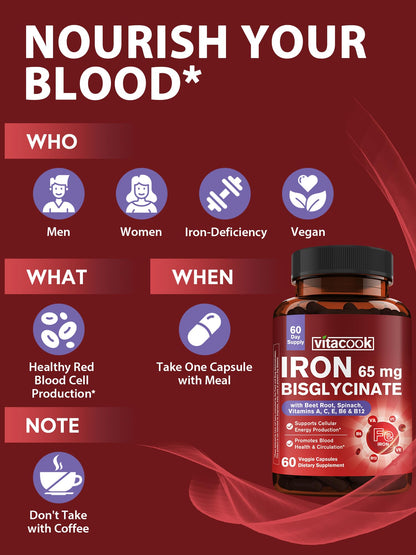 65mg Ferrous Bisglycinate Iron Supplement – Slow Release (60 Caps)