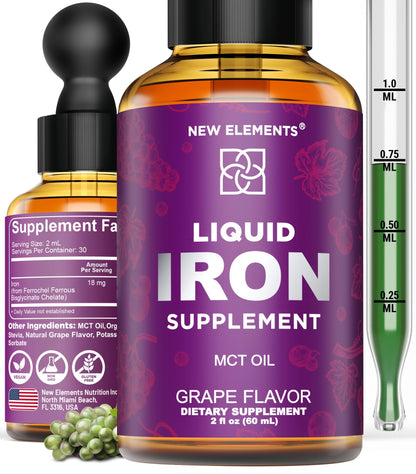 Iron Supplement for Women & Men – Liquid Drops (2oz) with MCT Oil, Natural Grape Flavor, Immune Support