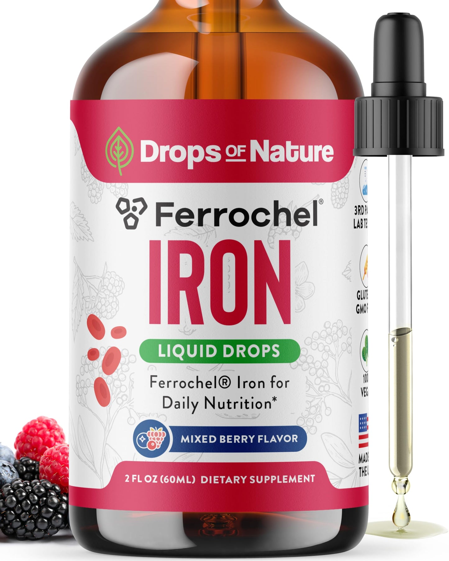 Liquid Iron Drops for Women - High Absorption, Vegan & Non-GMO (60ml) - Mixed Berry