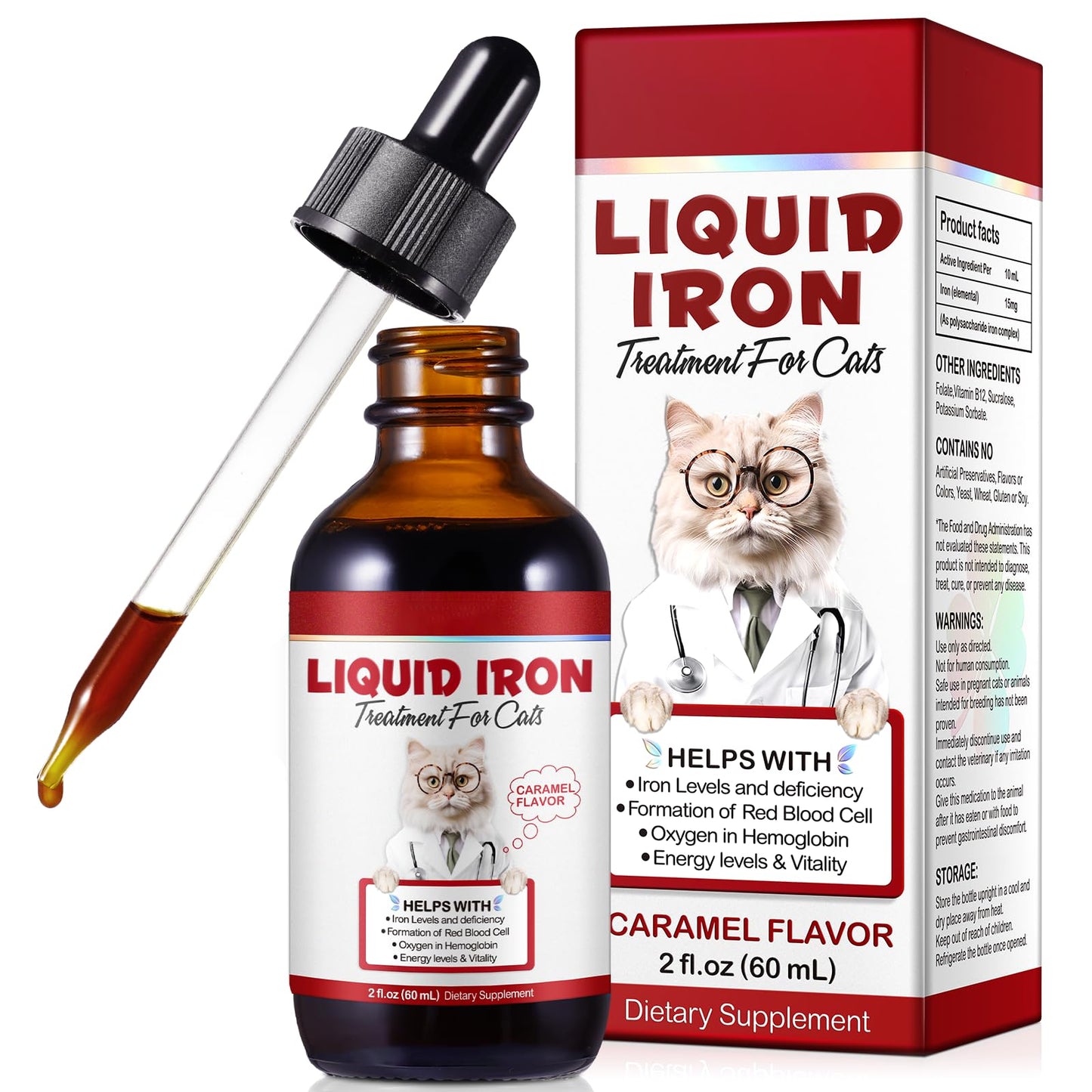 Iron Supplements for Cats - 60ML Liquid Iron with Folate and B12 | Supports Anemia, Energy Levels, and Blood Health