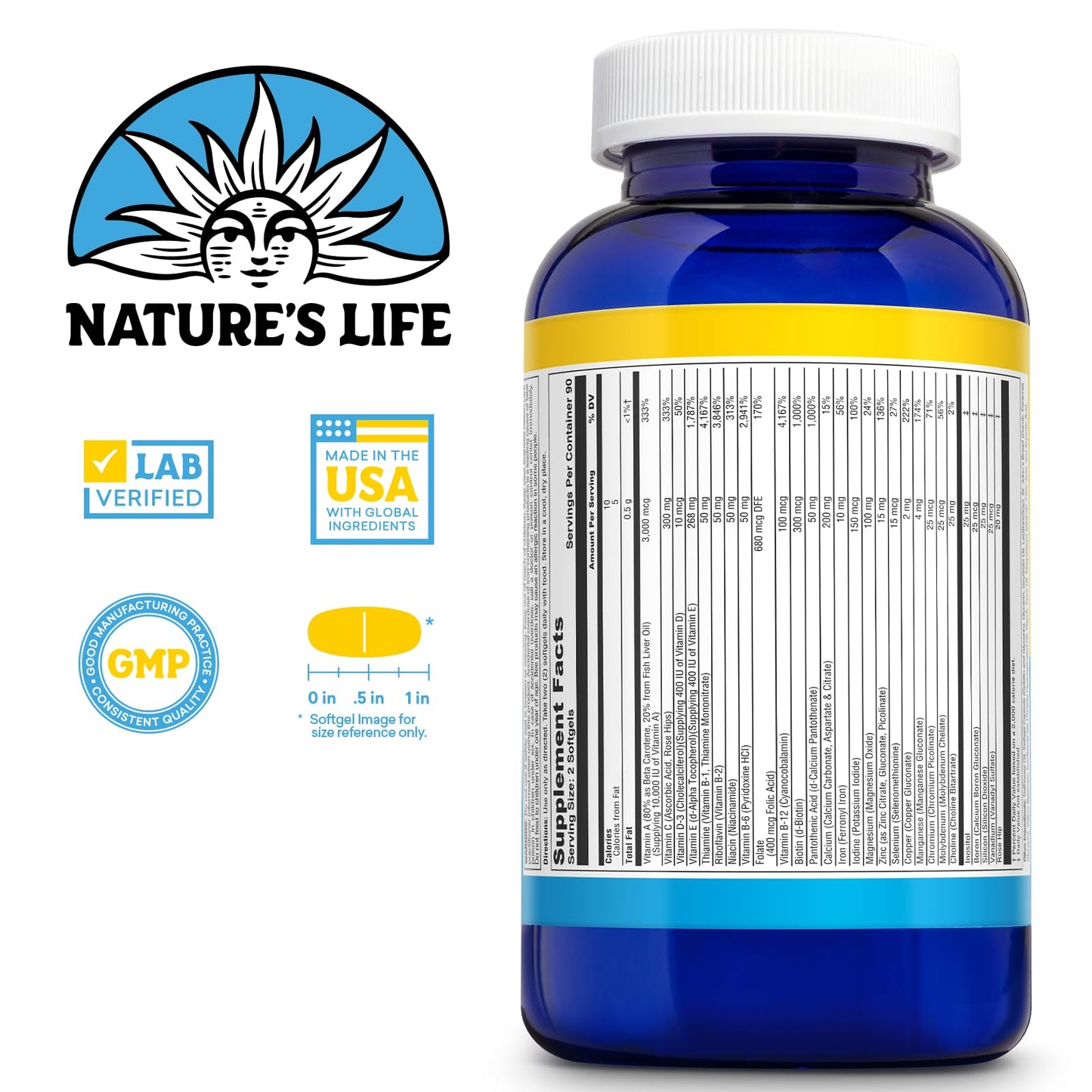 Nature's Life Daily Multivitamin for Men & Women | Immune & Energy Support | 90 Serv, 180 Softgels