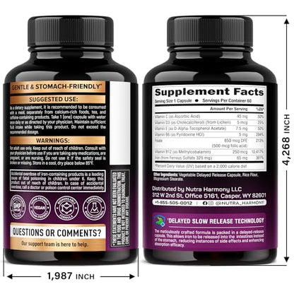Iron 65mg Slow-Release Supplement for Women | High Absorption | 60 Capsules