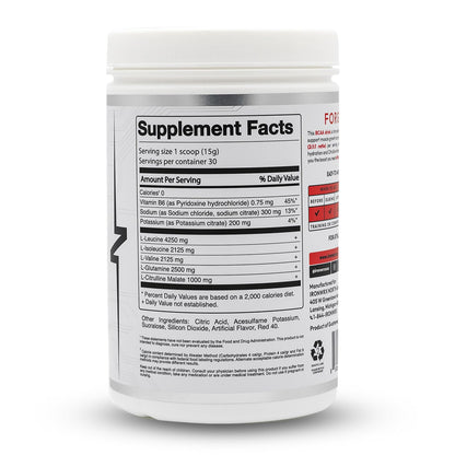 IRONWRX BCAA Powder – Watermelon Flavor | 30 Servings | Zero Sugar | 2:1:1 BCAA Ratio