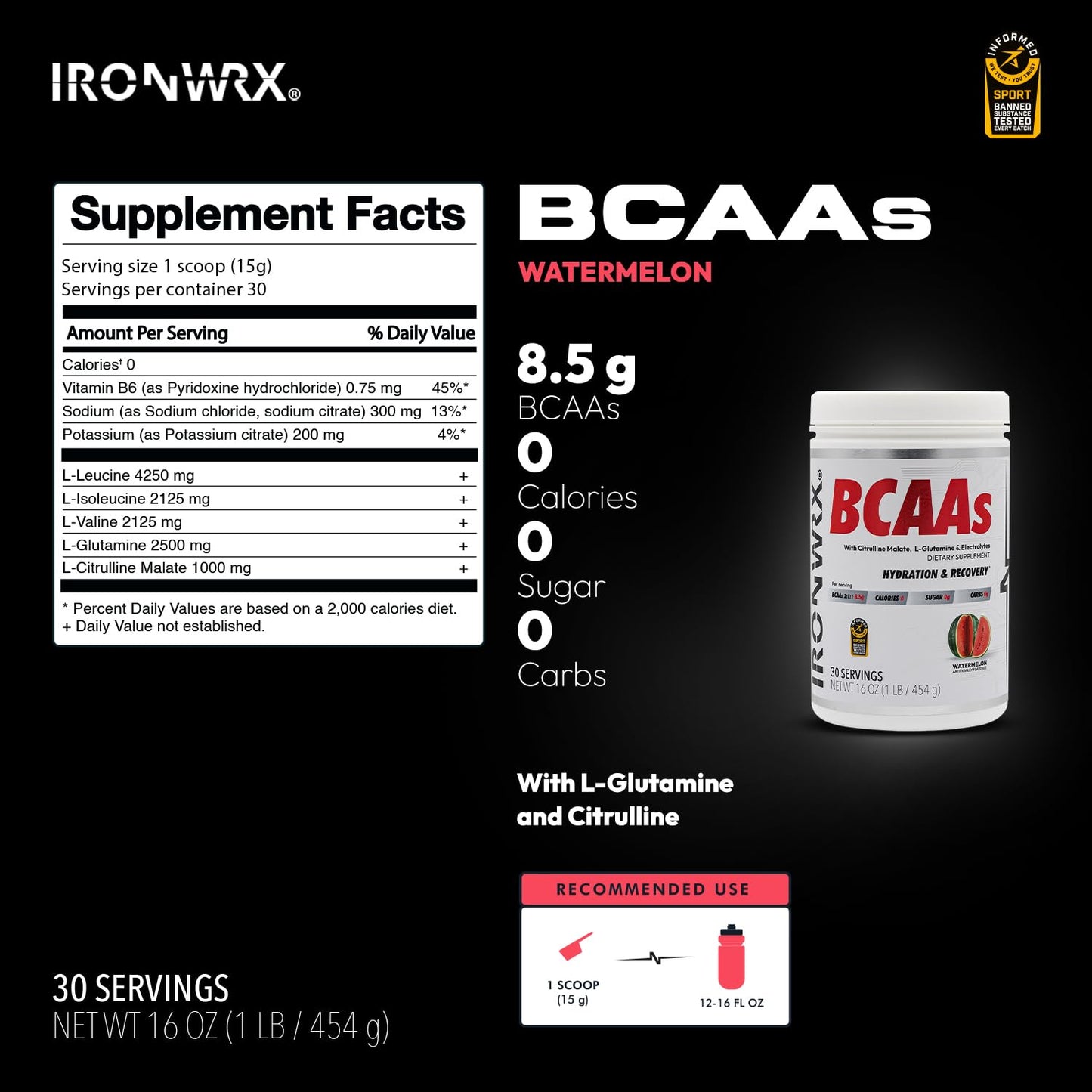 IRONWRX BCAA Powder – Watermelon Flavor | 30 Servings | Zero Sugar | 2:1:1 BCAA Ratio