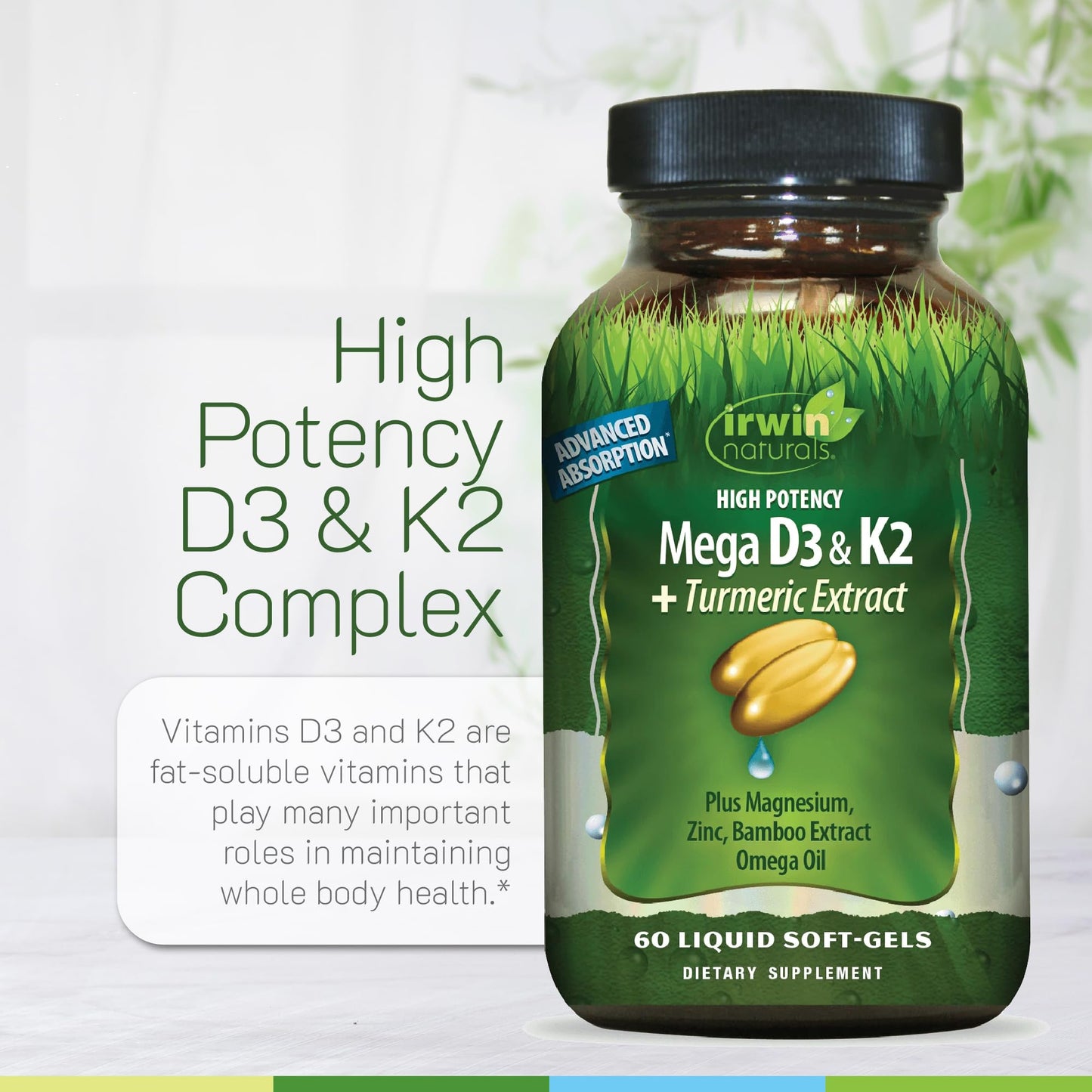 Irwin Naturals High Potency Mega D3 & K2 + Turmeric Extract — 60 Liquid Soft-Gels