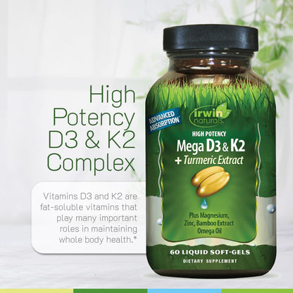 Irwin Naturals High Potency Mega D3 & K2 + Turmeric Extract – 60 Liquid Soft-Gels (Pack of 3) | 90 Total Servings