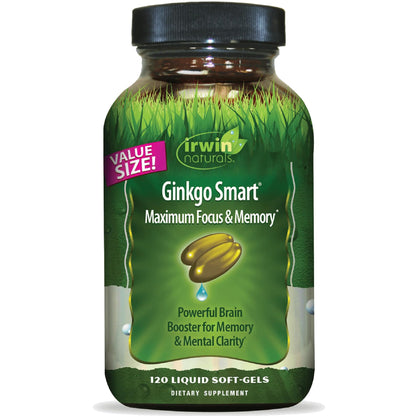 Irwin Naturals Ginkgo Smart – Focus & Memory Brain Supplement with Ginkgo Biloba, Acetyl-L-Carnitine & DMAE | BioPerine | 120 Count