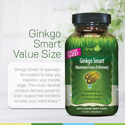 Irwin Naturals Ginkgo Smart Nootropic Brain Booster 120 Liquid Softgels – Memory, Focus & Clarity