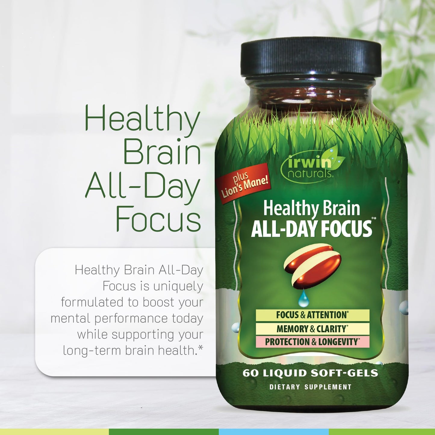 Irwin Naturals Healthy Brain All-Day Focus – 60 Liquid Soft-Gels – 30 Servings
