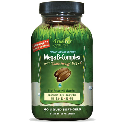 Irwin Naturals Mega B-Complex - 60 Liquid Softgels | High Potency B Vitamins with MCTs