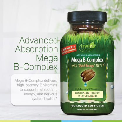 Irwin Naturals Mega B-Complex - 60 Liquid Softgels | High Potency B Vitamins with MCTs