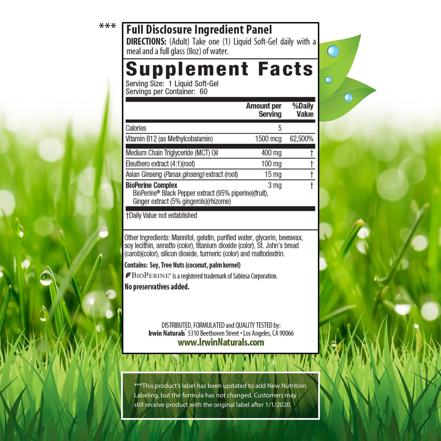 Irwin Naturals One-Per-Day Mega B-12 1500mcg – Fast-Absorption Methylcobalamin, MCT + Asian Ginseng | 60 Liquid Softgels
