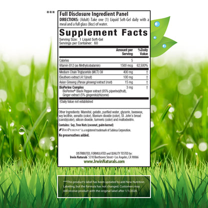Irwin Naturals One-Per-Day Mega B-12 1500mcg – Fast-Absorption Methylcobalamin, MCT + Asian Ginseng | 60 Liquid Softgels
