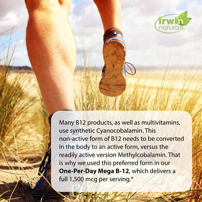 Irwin Naturals One-Per-Day Mega B-12 1500mcg – Fast-Absorption Methylcobalamin, MCT + Asian Ginseng | 60 Liquid Softgels