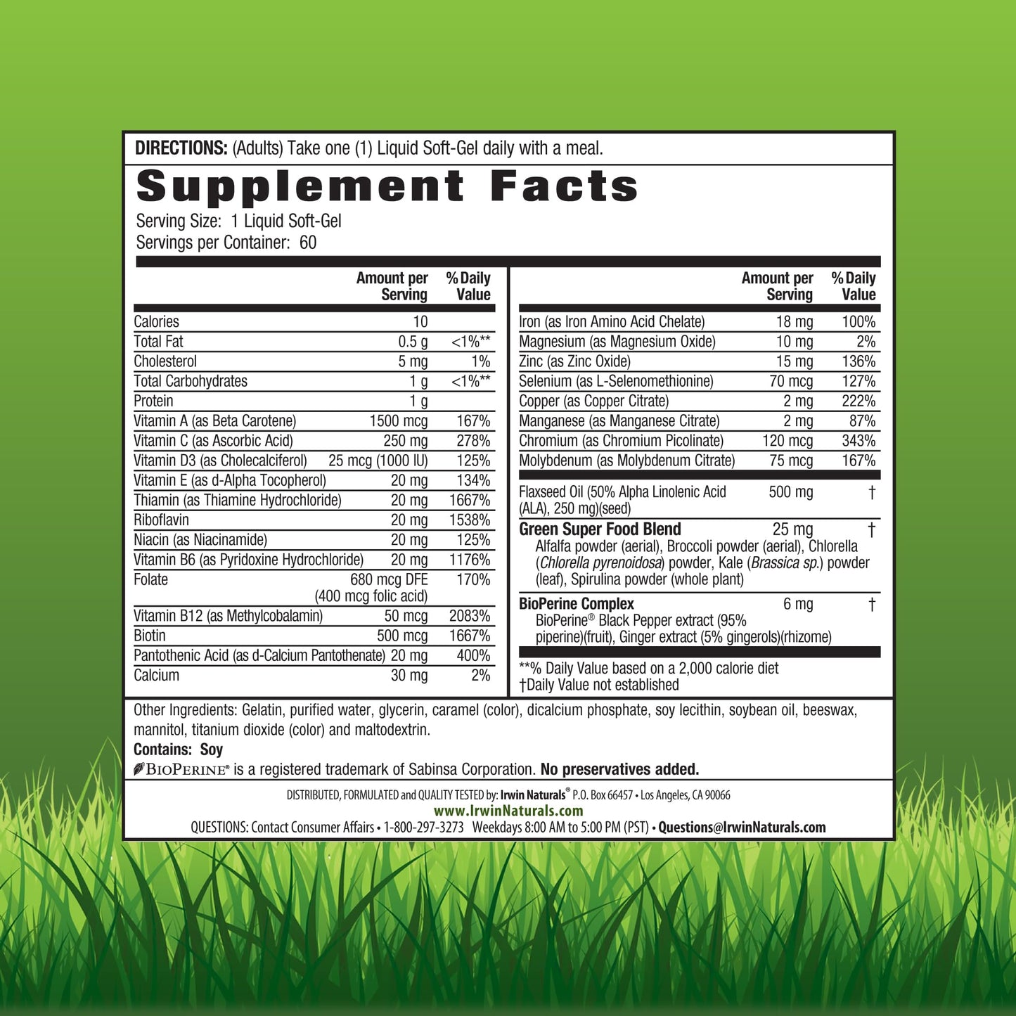 Irwin Naturals Only One Liquid-Gel Multi 60 Softgels | One-Per-Day Multivitamin with Iron