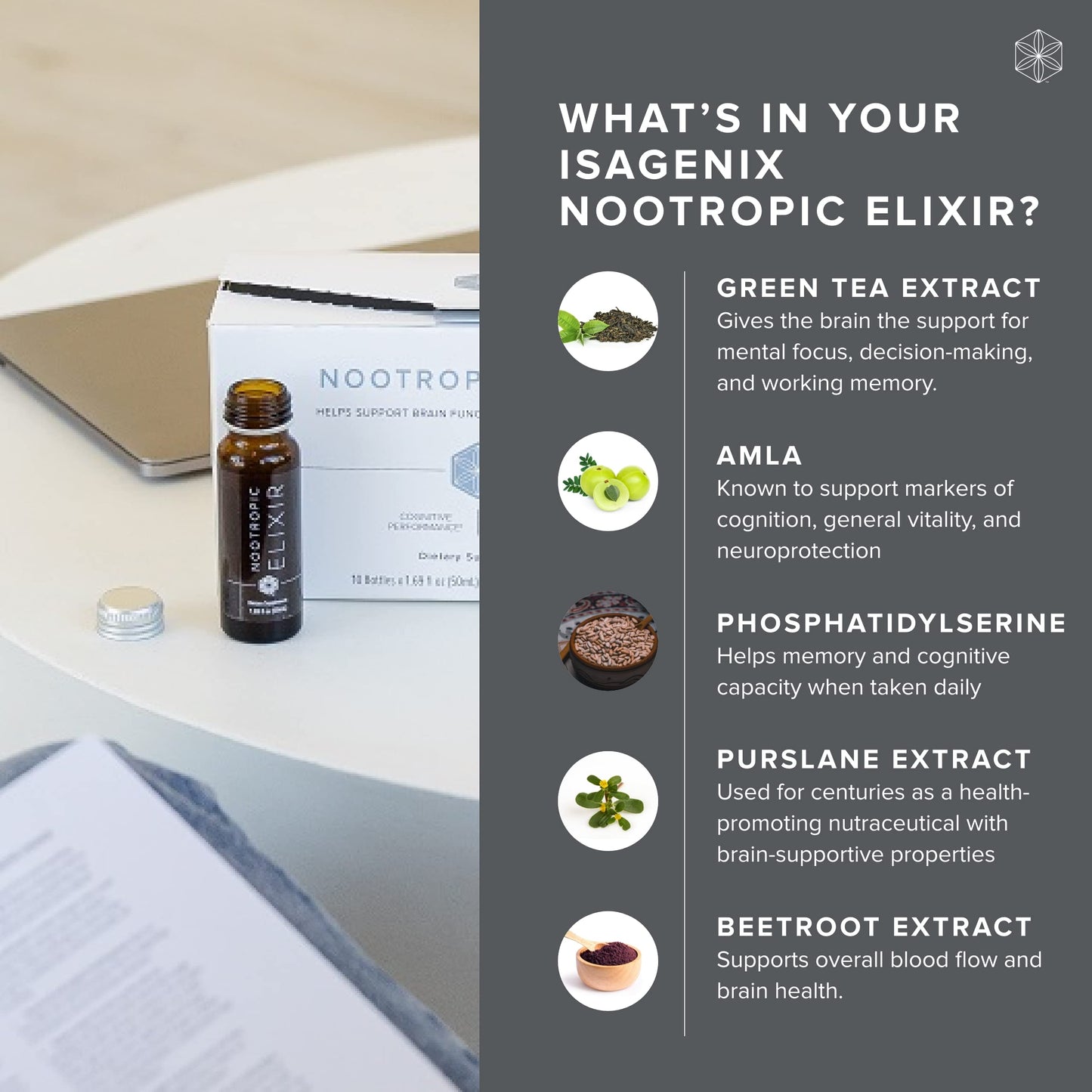 Isagenix Nootropic Elixir – Brain Health & Focus Supplement | Green Tea Extract | 1.69 oz Bottles (10 Count)