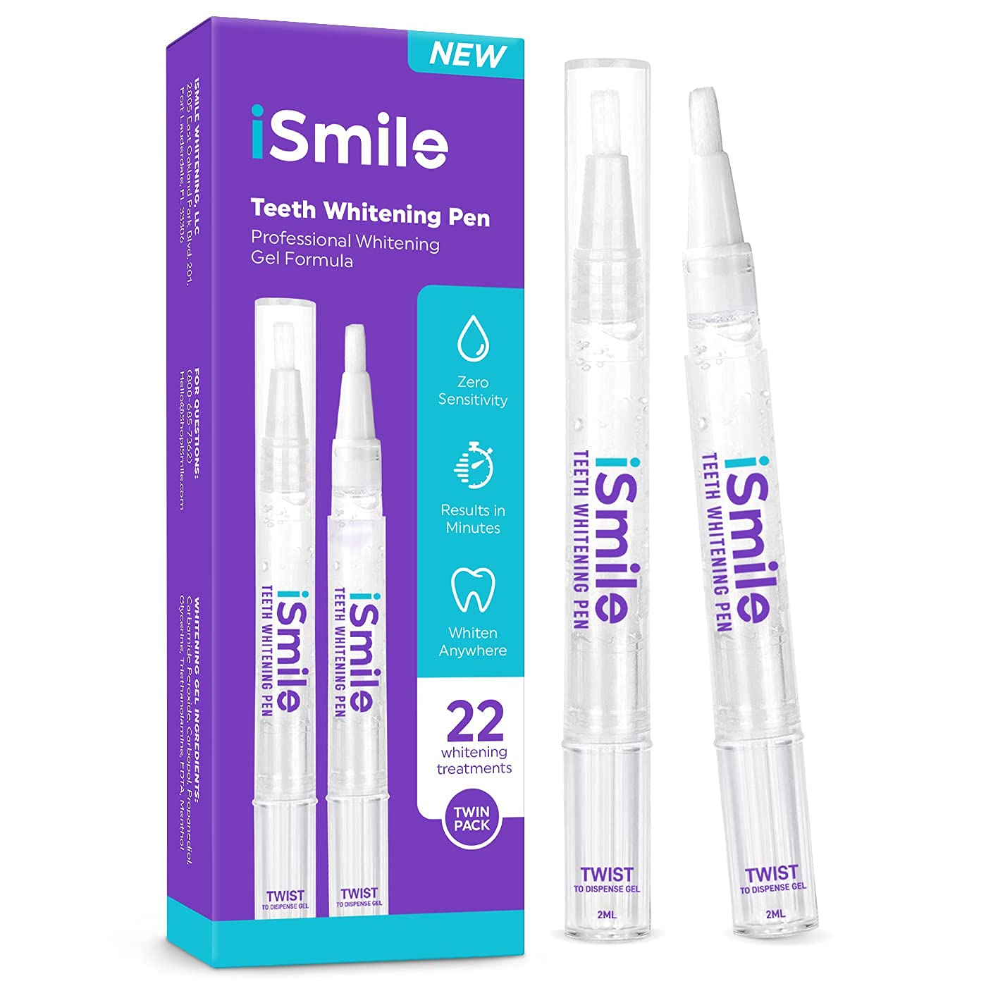 iSmile Teeth Whitening Pen - 35% Carbamide Peroxide, No Sensitivity, Travel-Friendly, 2mL, 2 Pack