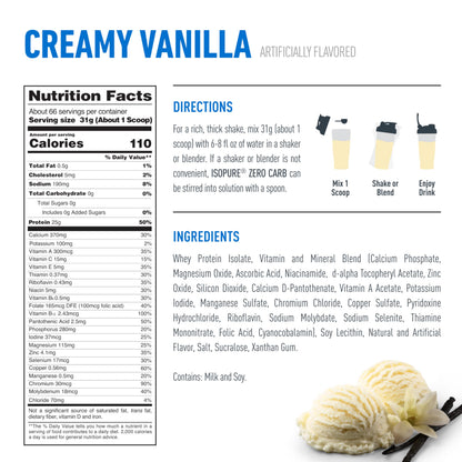 Isopure Zero Carb Whey Isolate Protein Powder – Creamy Vanilla, 25g Protein, 0g Sugar, Gluten Free, 66 Servings