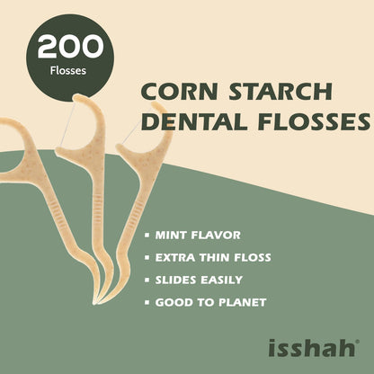 Natural Dental Floss Picks 200 Count - PETA Approved, BPA Free, Vegan, Mint | Isshah