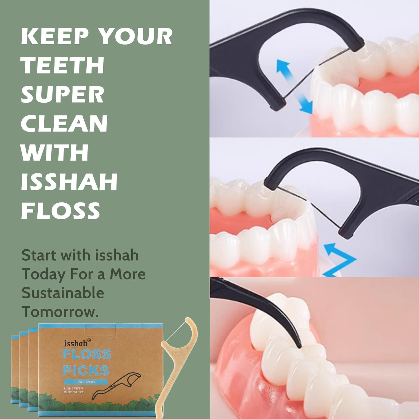 Natural Dental Floss Picks 200 Count - PETA Approved, BPA Free, Vegan, Mint | Isshah