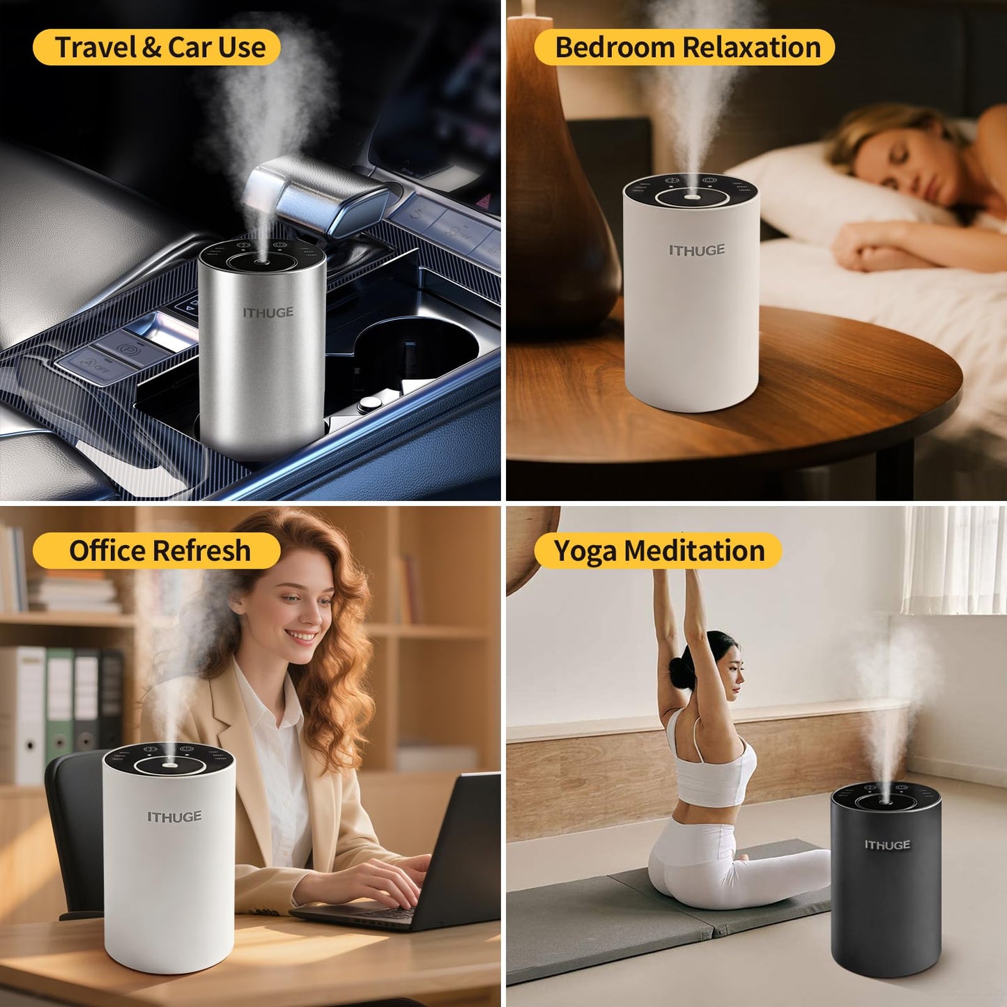 ITHUGE Waterless Essential Oil Diffuser - Portable, Battery-Operated, 20mL Bottle, 3 Mist Levels, 4 Timers