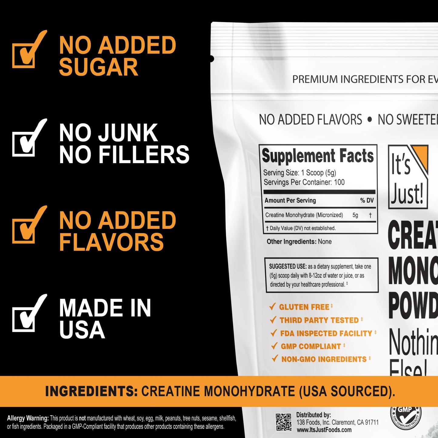 It's Just! Creatine Monohydrate Powder – 500g (100 Servings), Unflavored, USA Made