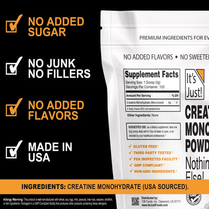 It's Just! Creatine Monohydrate Powder – 500g (100 Servings), Unflavored, USA Made