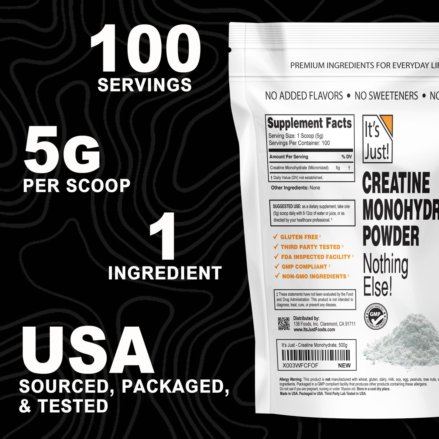 It's Just! Creatine Monohydrate Powder – 500g (100 Servings), Unflavored, USA Made