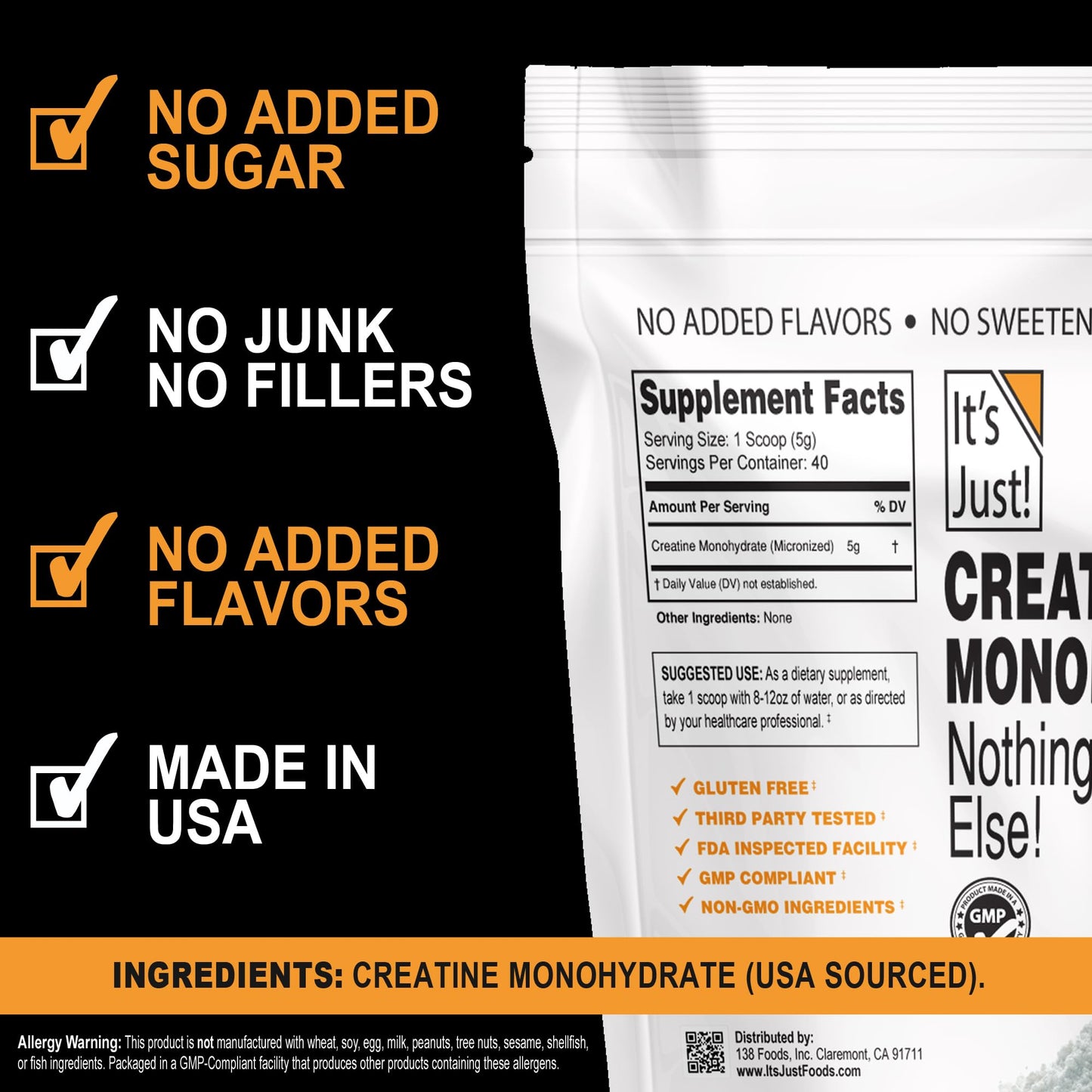It's Just! Creatine Monohydrate Powder – Unflavored, Made in USA, 200g / 40 Servings