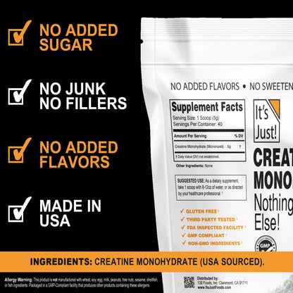 It's Just! Creatine Monohydrate Powder – Unflavored, Made in USA, 200g / 40 Servings