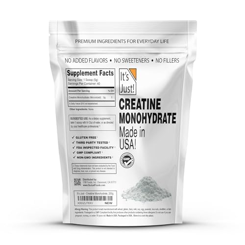 It's Just! Creatine Monohydrate Powder – Unflavored, Made in USA, 200g / 40 Servings