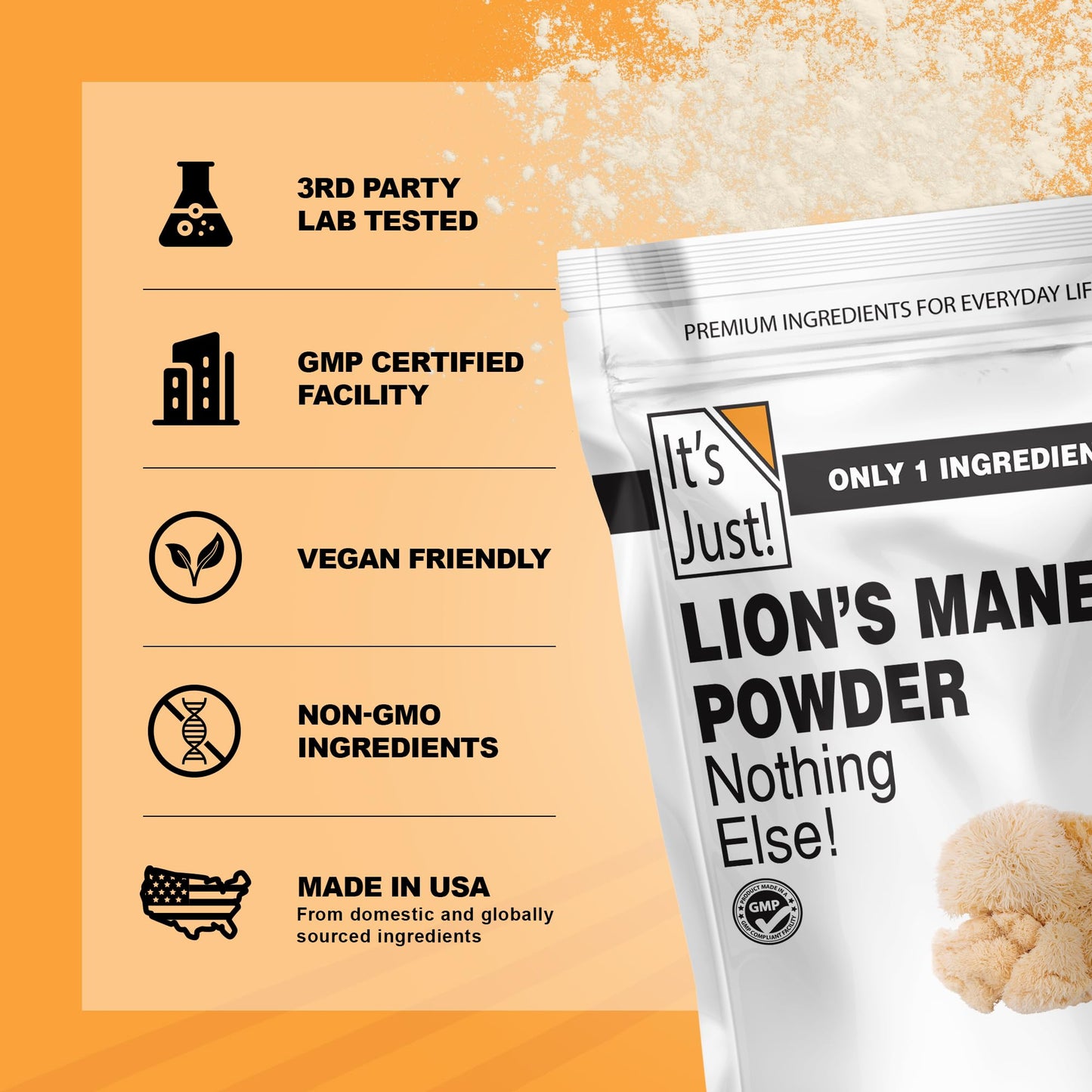 It's Just! Lion's Mane Mushroom Powder - Brain Support, Immune Health, Non-GMO, 8oz