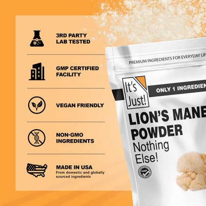 It's Just! Lion's Mane Mushroom Powder - Brain Support, Immune Health, Non-GMO, 8oz