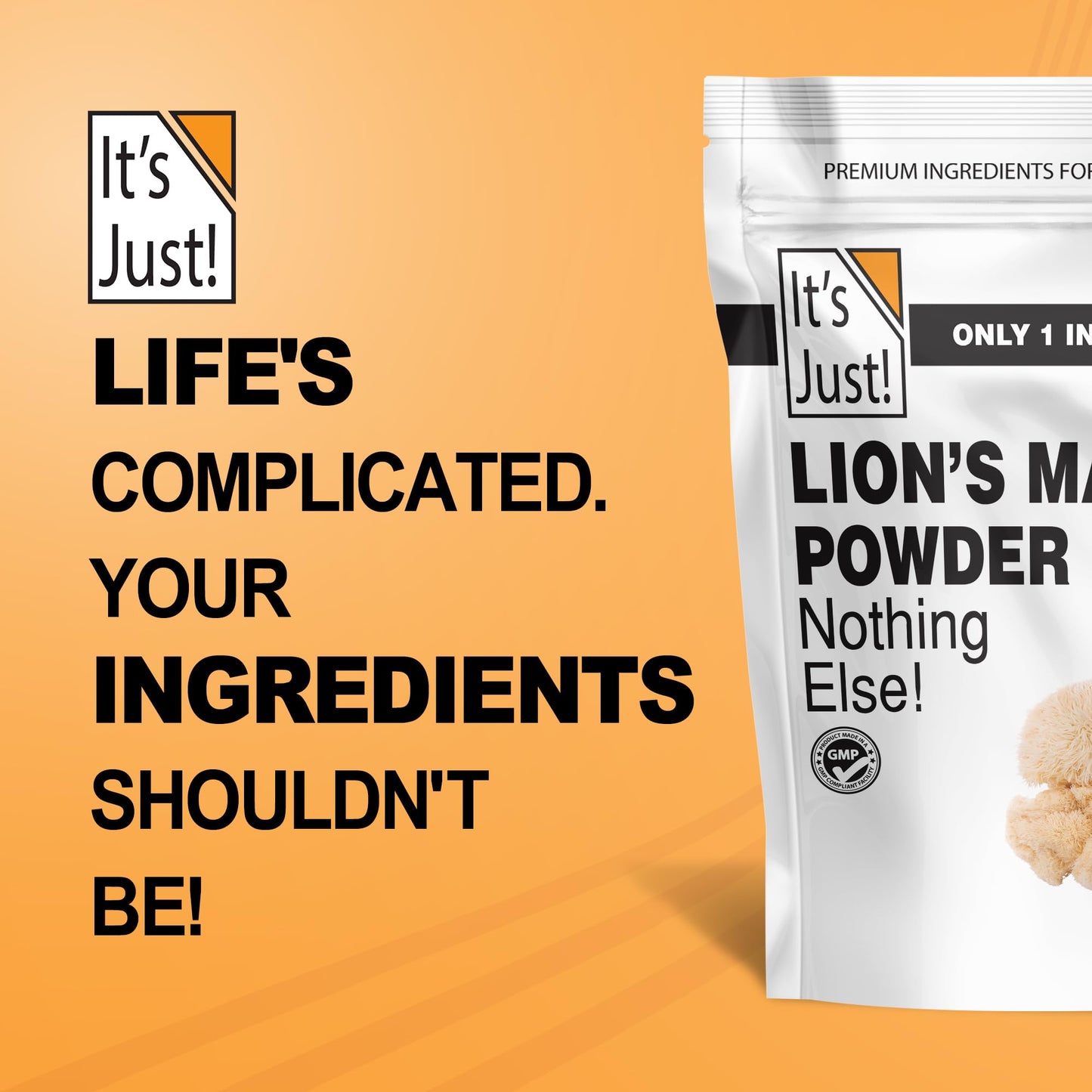 It's Just! Lion's Mane Mushroom Powder - Brain Support, Immune Health, Non-GMO, 8oz